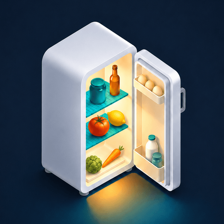 An open fridge at night, lit from inside, with a StillGood tag hanging from a shelf