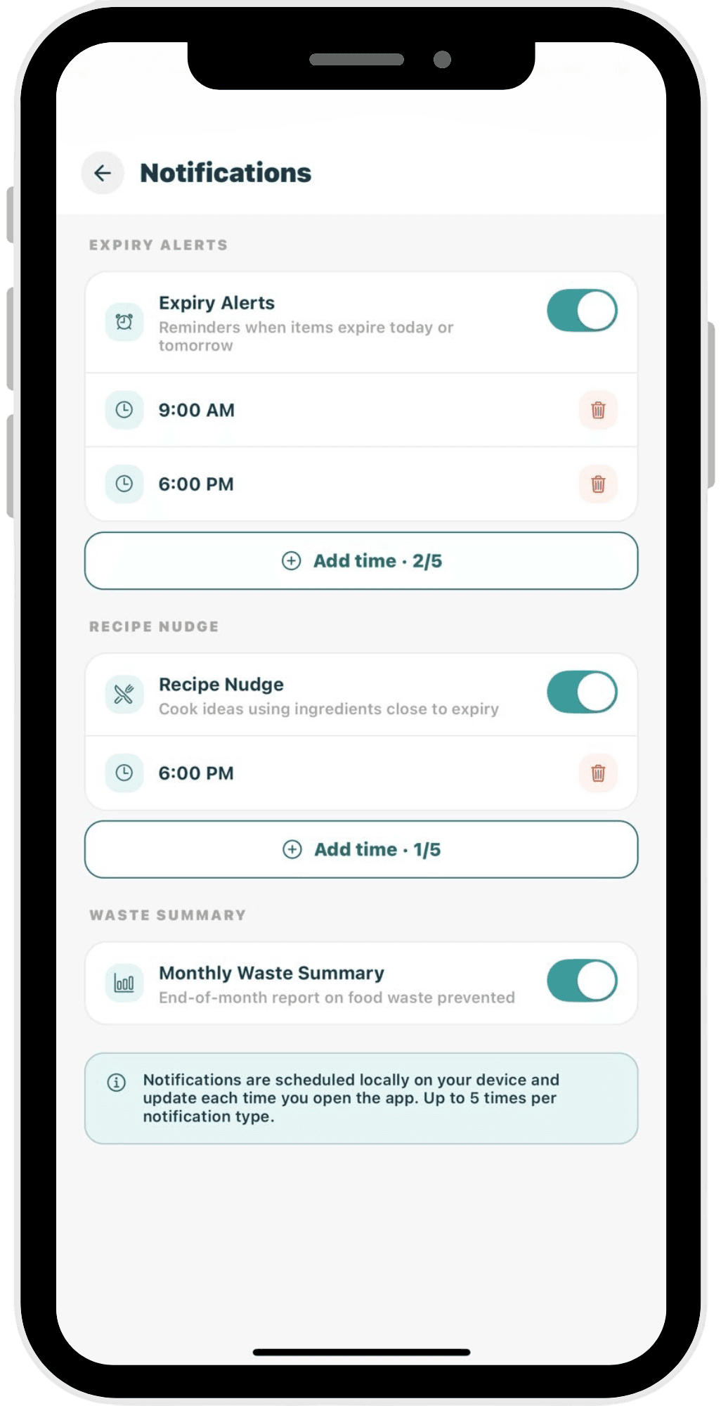 StillGood notification settings: expiry alerts at 9:00 AM and 6:00 PM, recipe nudge at 6:00 PM