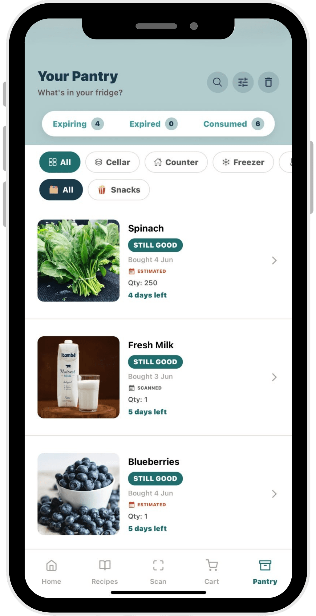 StillGood pantry screen: spinach, milk and blueberries with STILL GOOD badges and days-left countdowns