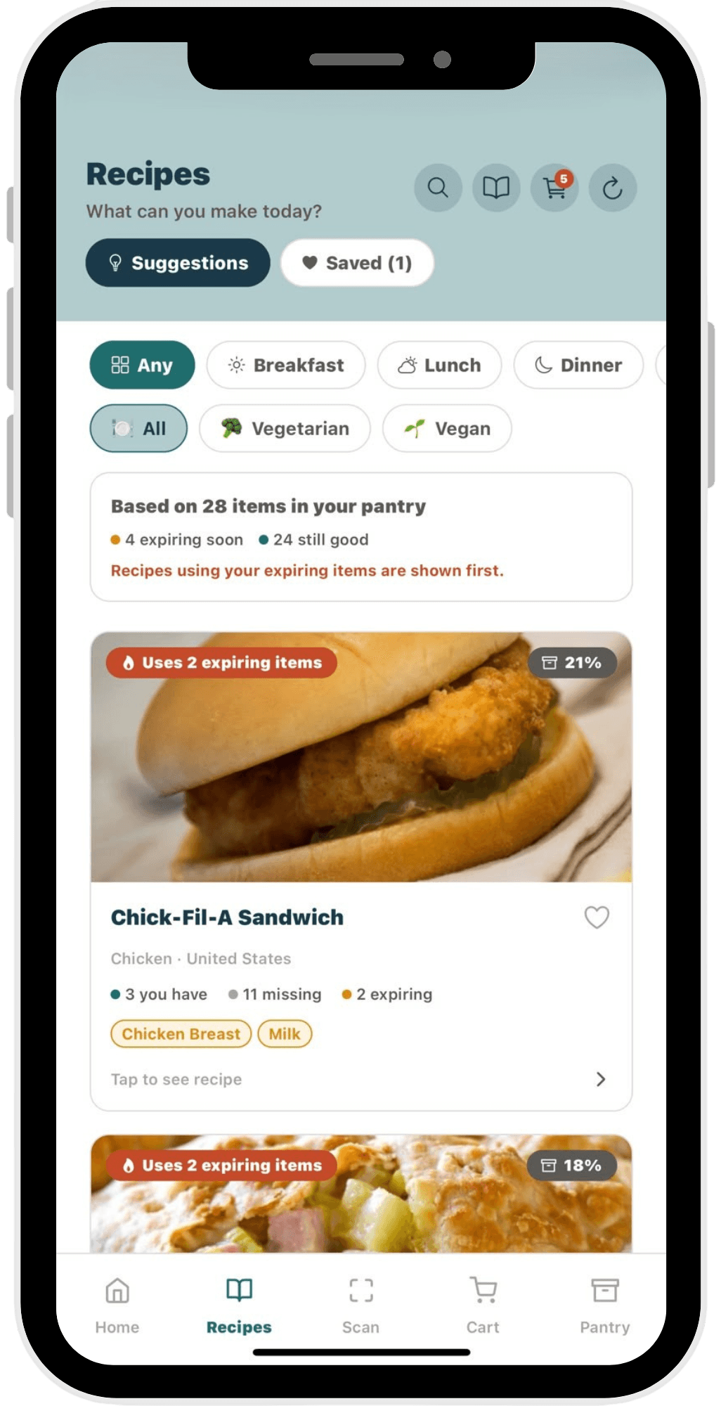 StillGood recipes screen: suggestions ranked by expiring pantry items