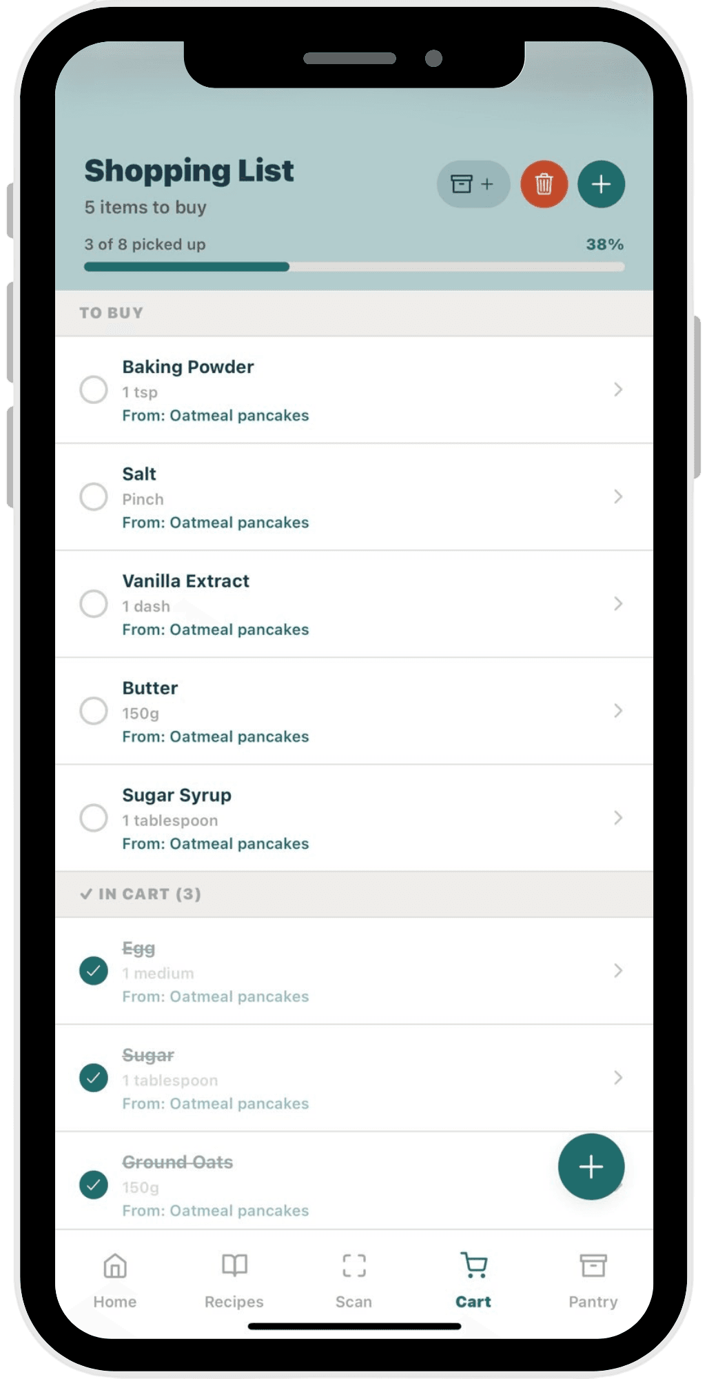 StillGood shopping list screen: items to buy for oatmeal pancakes with a pick-up progress bar