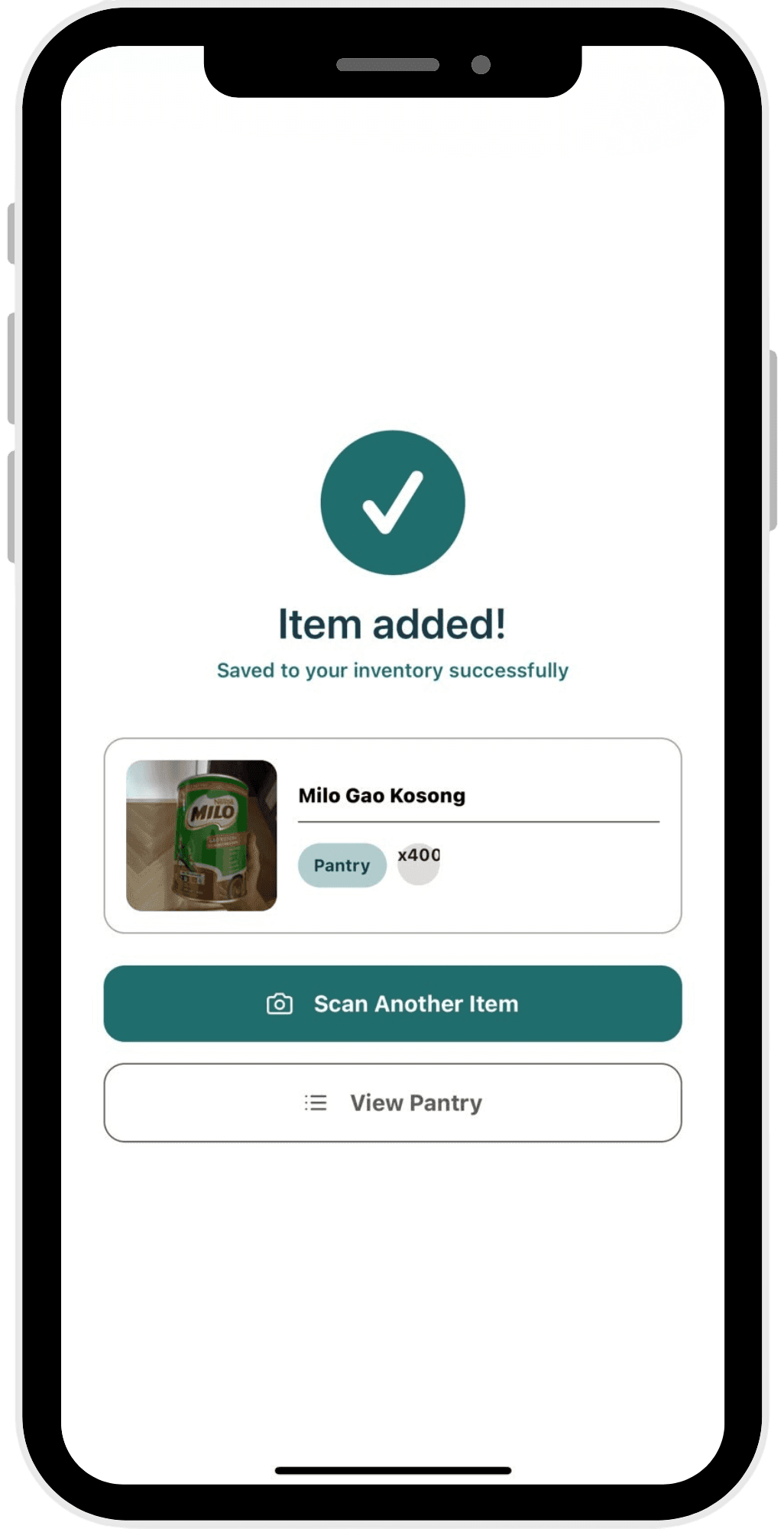 StillGood scan result screen: a tin of Milo identified and saved to the pantry