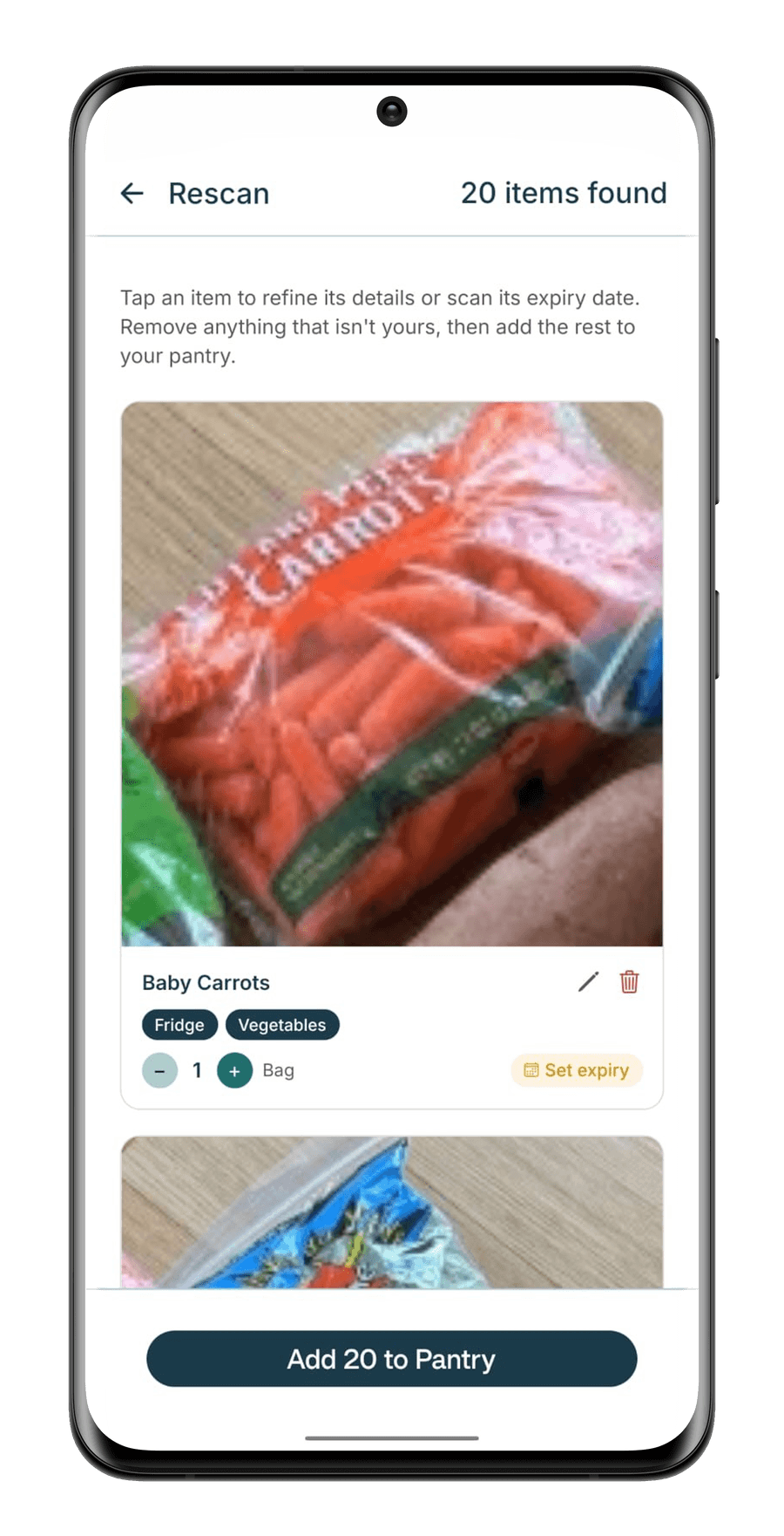 StillGood import review listing 20 items found in a single photo, ready to add to the pantry