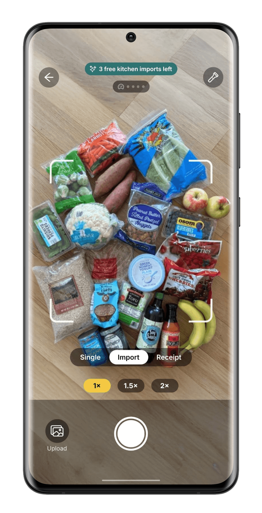 StillGood scanner in Import mode, a full grocery haul spread on the floor, showing 3 free kitchen imports left