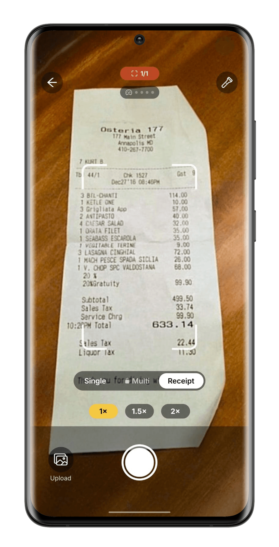 StillGood scanner in Receipt mode with a printed receipt in frame and the daily receipt allowance showing 1 of 1