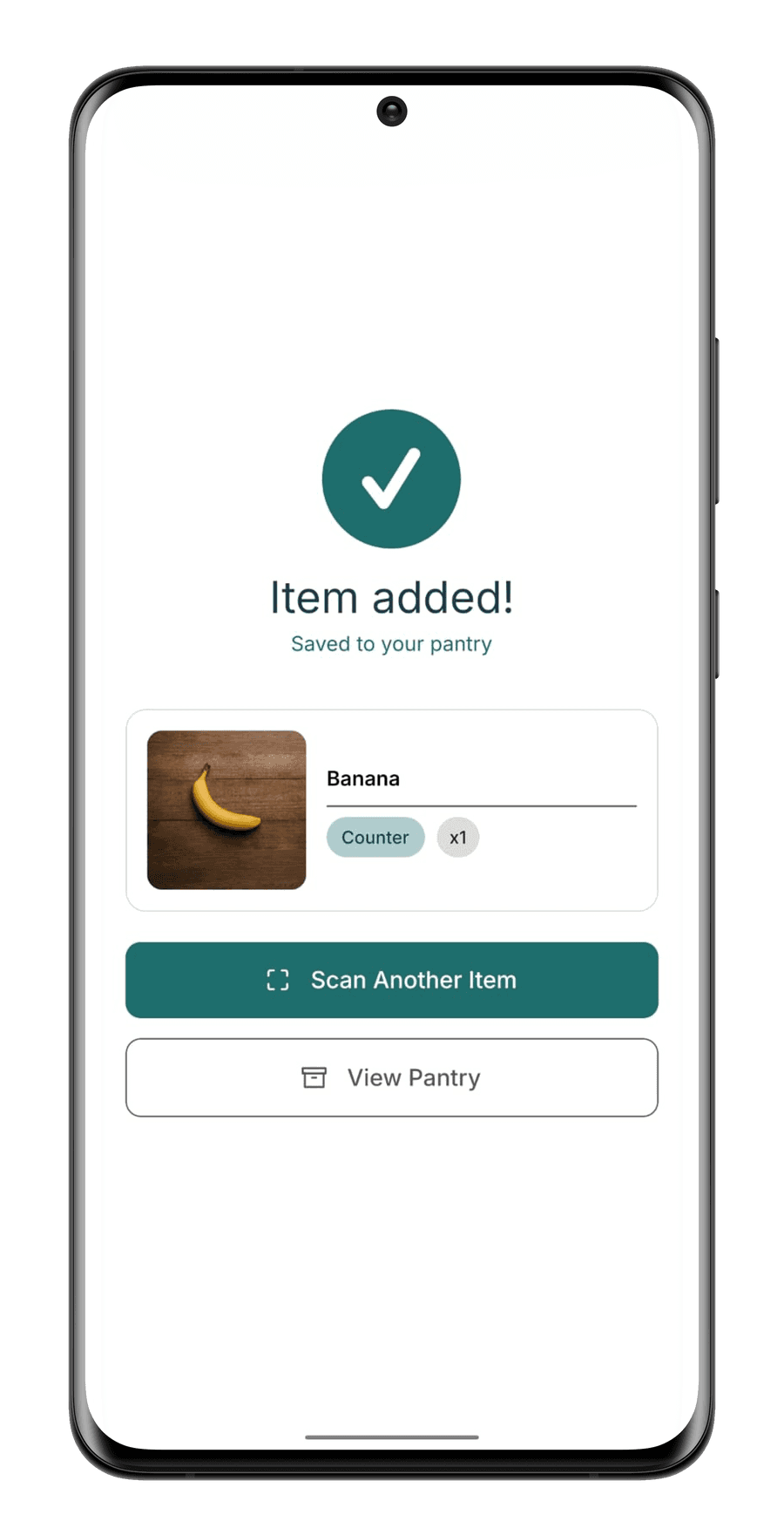 StillGood confirmation screen after scanning a banana, filed to the counter