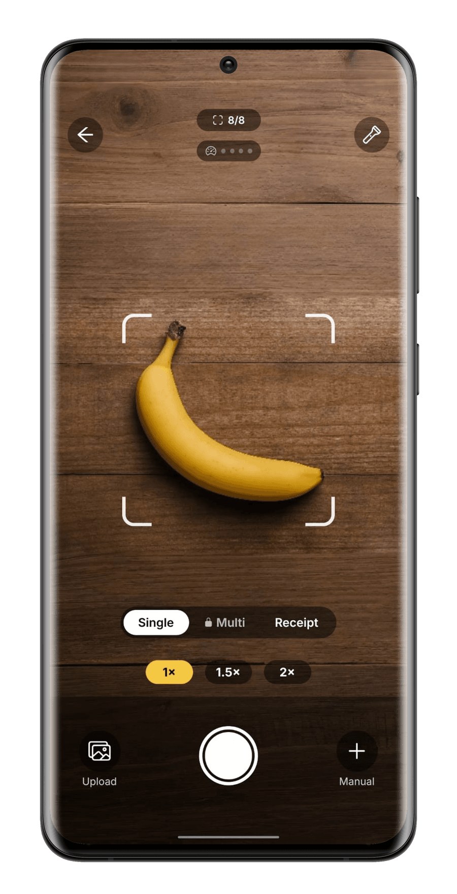 StillGood scanner in Single mode, a banana framed on a wooden bench, showing 8 of 8 scans left above a Single, Multi and Receipt toggle