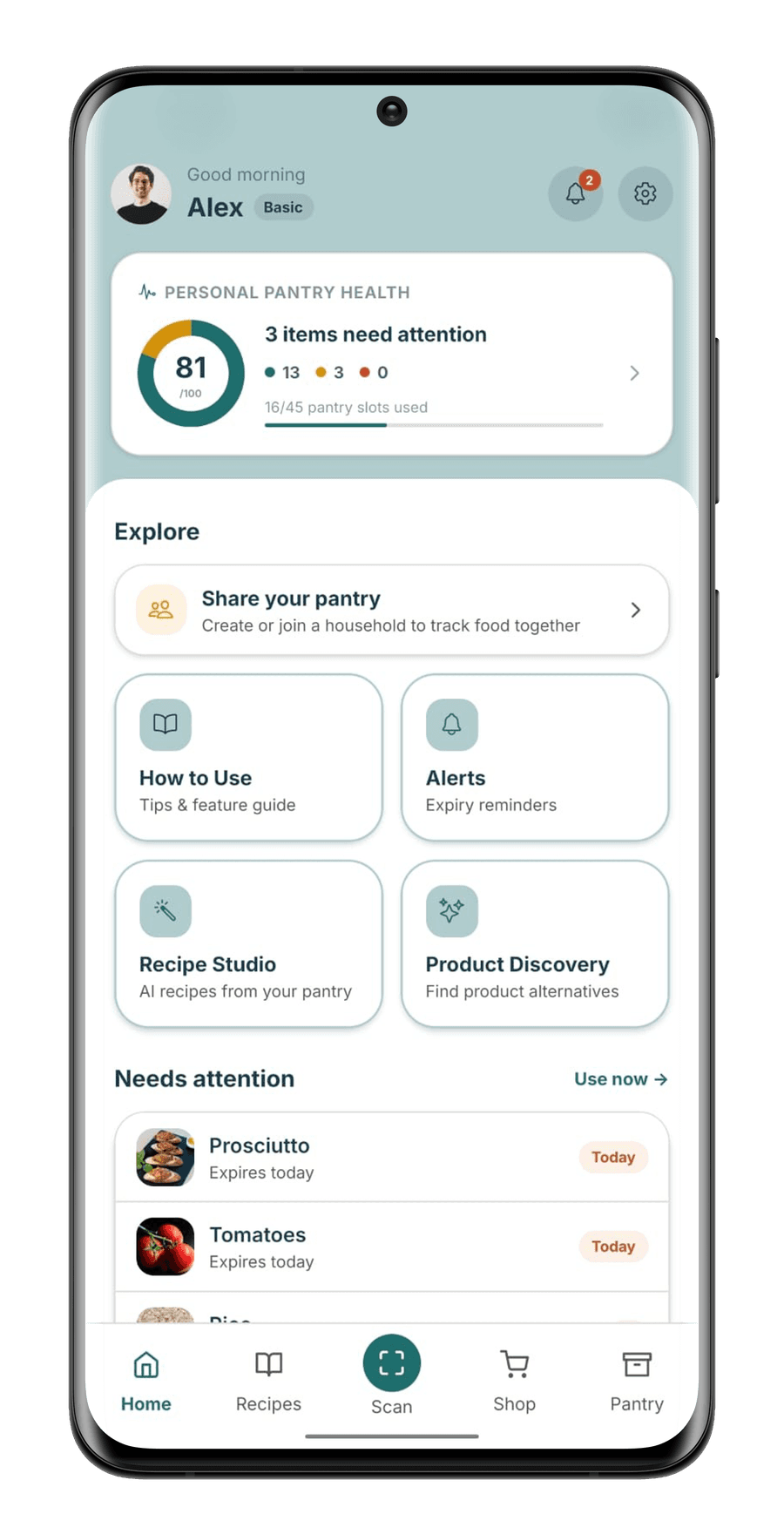 StillGood home screen with a pantry health score of 81 and a list of items expiring today