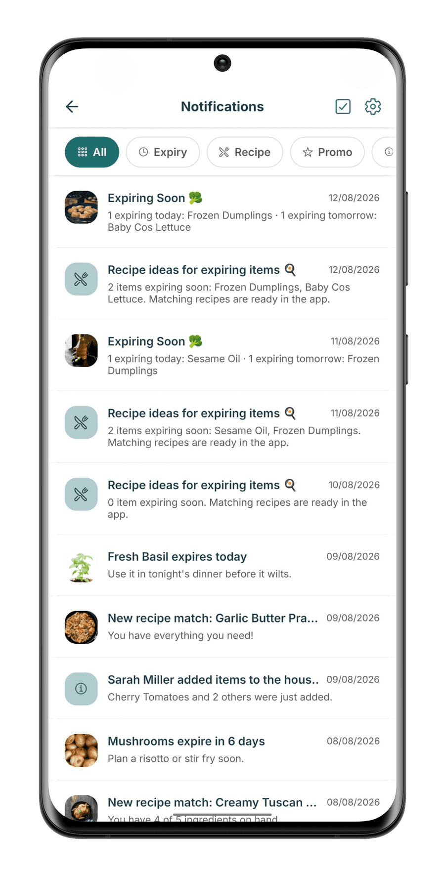 StillGood notification inbox filtered by All, Expiry, Recipe and Promo, listing expiry and recipe alerts alongside a notice that Sarah Miller added items to the household