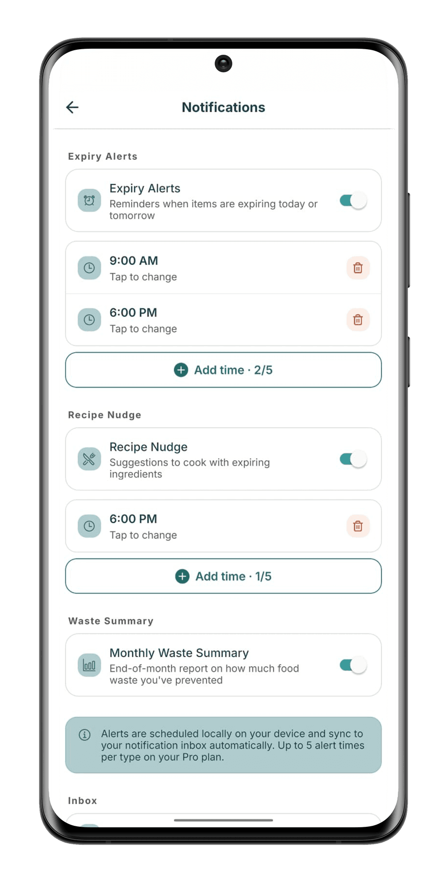 StillGood notification settings on Pro showing add time 2 of 5 for expiry alerts and 1 of 5 for recipe nudges, above a note reading up to 5 alert times per type on your Pro plan