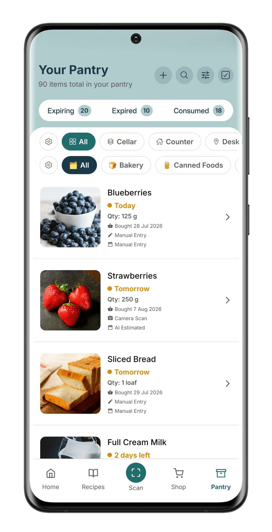 StillGood pantry on Pro showing 90 items with no slot limit, strawberries marked Camera Scan and AI Estimated