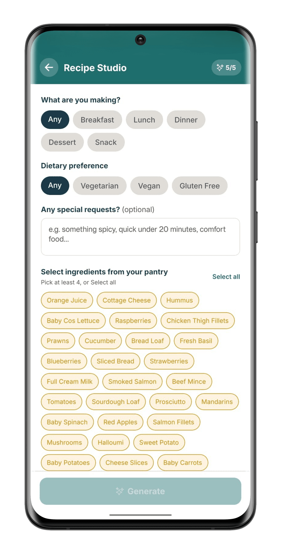StillGood Recipe Studio: meal and dietary choices above a grid of pantry ingredients to select, with a Generate button