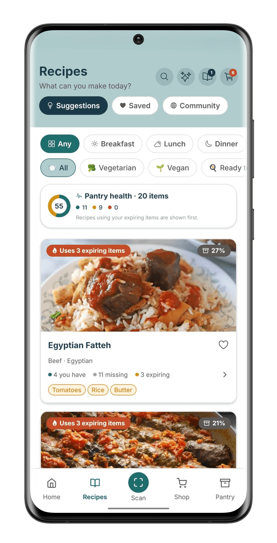 StillGood recipe suggestions: Egyptian Fatteh tagged Uses 3 expiring items, listing tomatoes, rice and butter