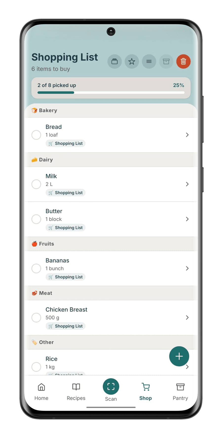 StillGood shopping list grouped into bakery, dairy, fruits and meat, showing two of eight picked up